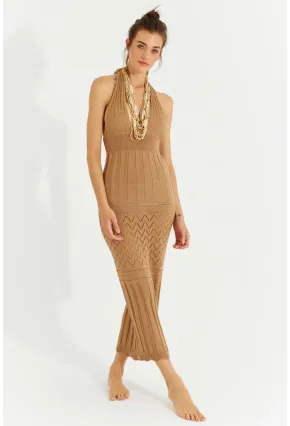 Kadın Camel Sırtı Açık Triko Maxi Elbise SF2505