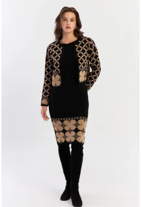 Kadın Camel-Siyah Alt Üst Triko Desenli Takım NUV2028