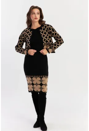 Kadın Camel-Siyah Alt Üst Triko Desenli Takım NUV2028