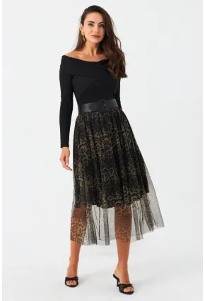 Kadın Camel-Siyah Astarlı Tül Leopar Etek SF2553