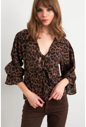 Kadın Camel-Siyah Bağlama Detaylı Leopar Gömlek FS9340
