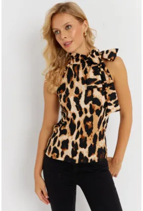Kadın Camel-Siyah Boyun Bağlamalı Leopar Desenli Bluz EY2890