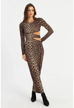 Kadın Camel-Siyah Dekolteli Leopar Maxi Yılbaşı Elbise LİK9
