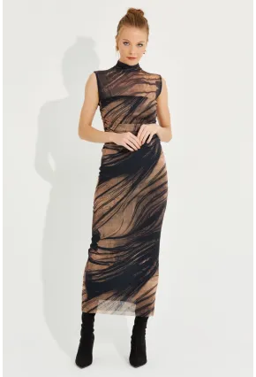 Kadın Camel-Siyah Desenli Maxi Tül Elbise RMZ21181