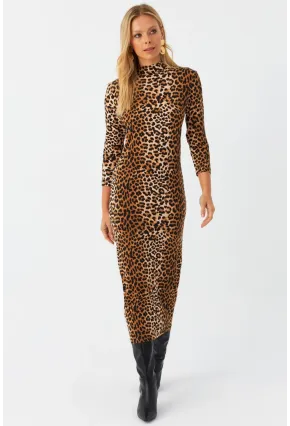 Kadın Camel-Siyah Desenli Midi Elbise MLPP400