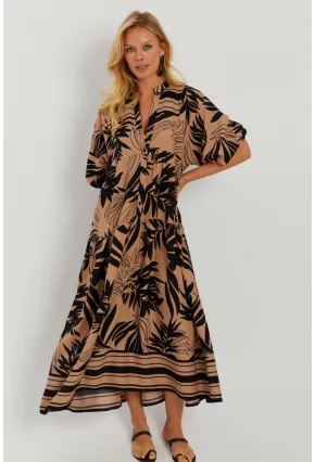 Kadın Camel-Siyah Desenli Salaş Maxi Elbise GÇ166