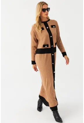 Kadın Camel-Siyah Düğme Detaylı Maxi Elbise MTC3201