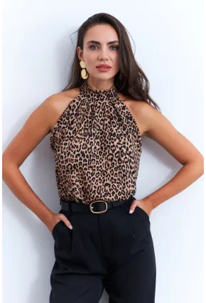 Kadın Camel-Siyah Halter Yaka LeoparDesenli Bluz LPP1273
