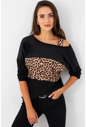 Kadın Camel-Siyah Kadife Bloklu Leopar Desenli Sweatshirt ST097