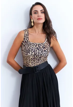 Kadın Camel-Siyah Kare Yaka Leopar Bluz RLO87