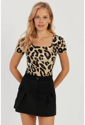 Kadın Camel-Siyah Kare Yaka Leopar Desenli Bluz LPP1258