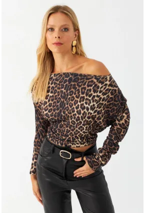 Kadın Camel-Siyah Kayık Yaka Leopar Bluz DMR382-1