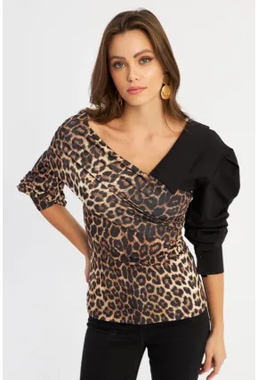 Kadın Camel-Siyah Kruvaze Leopar Bluz LİK8