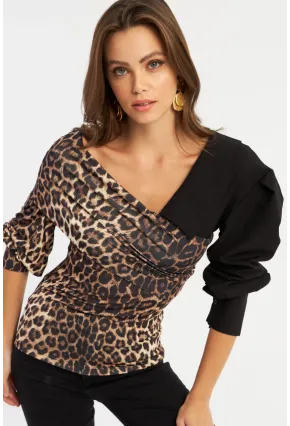 Kadın Camel-Siyah Kruvaze Leopar Bluz LİK8