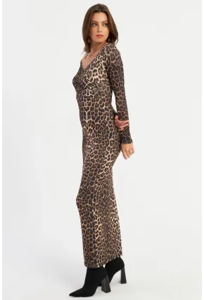 Kadın Camel-Siyah Kruvaze Leopar Maxi Elbise LİK11