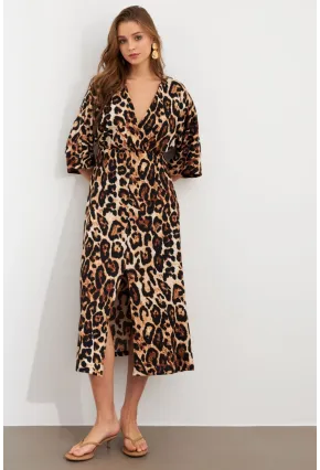 Kadın Camel-Siyah Kruvaze Leopar Midi Elbise KAB306