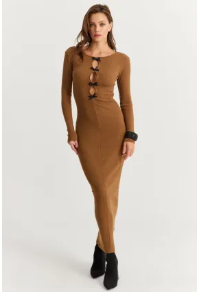 Kadın Camel-Siyah Kurdele Detaylı Kaşkorse Maxi Yılbaşı Elbise XL2043