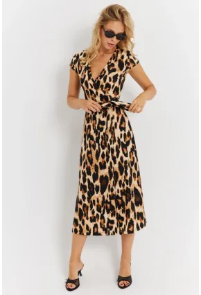 Kadın Camel-Siyah Kuruvaze Bağlamalı Leopar Desenli Midi Elbise EY2896