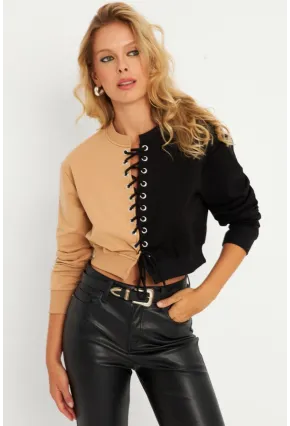 Kadın Camel-Siyah Kuşgözlü Kısa Sweatshirt TF02