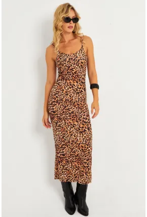 Kadın Camel-Siyah Leopar Askılı Maxi Yılbaşı Elbise GÇ184