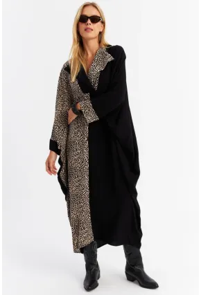 Kadın Camel-Siyah Leopar Bloklu Maxi Elbise MALO15