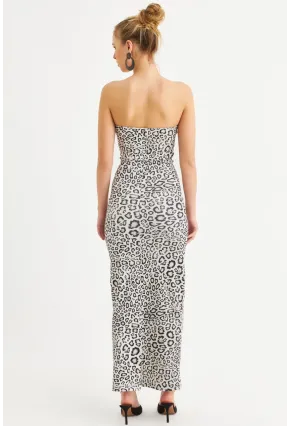 Kadın Camel-Siyah Leopar Desen Straplez Yırtmaçlı Midi Elbise XC005