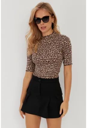 Kadın Camel-Siyah Leopar Desenli Bluz LPP1264