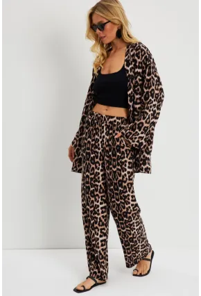Kadın Camel-Siyah Leopar Desenli Kimono Takım GÇ163