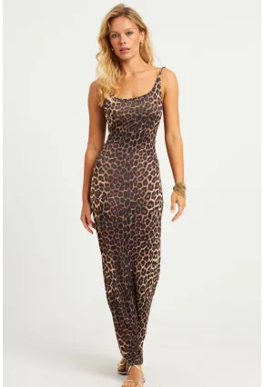Kadın Camel-Siyah Leopar Desenli Maxi Elbise MEN2052