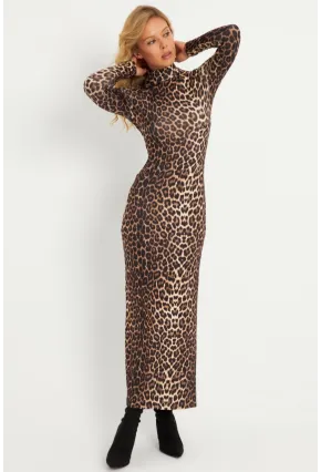 Kadın Camel-Siyah Leopar Desenli Maxi Yılbaşı Elbise LİK07