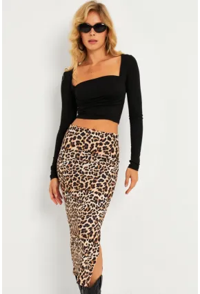 Kadın Camel-Siyah Leopar Desenli Midi Etek YLE21