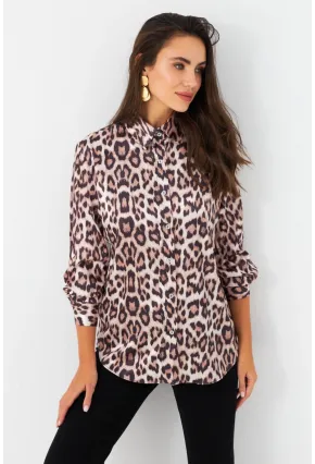 Kadın Camel-Siyah Leopar Desenli Saten Gömlek MRAD5901-1
