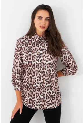 Kadın Camel-Siyah Leopar Desenli Saten Gömlek MRAD5901-1
