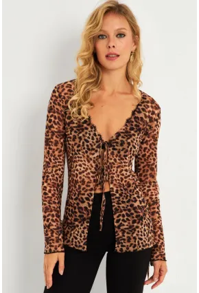 Kadın Camel-Siyah Leopar Desenli Tül  Bluz GÇ175