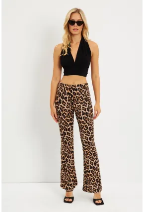 Kadın Camel-Siyah Leopar İspanyol Paça Pantolon LPP1278