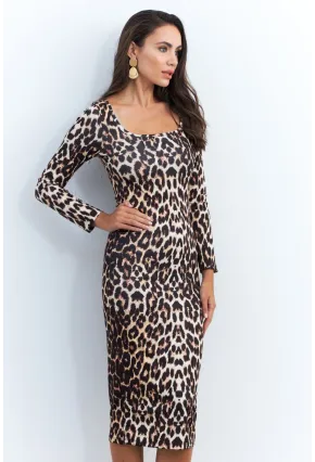 Kadın Camel-Siyah Leopar Midi Elbise RLO78