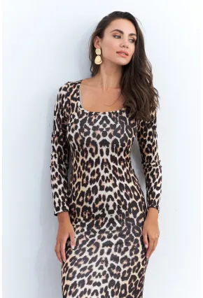 Kadın Camel-Siyah Leopar Midi Elbise RLO78