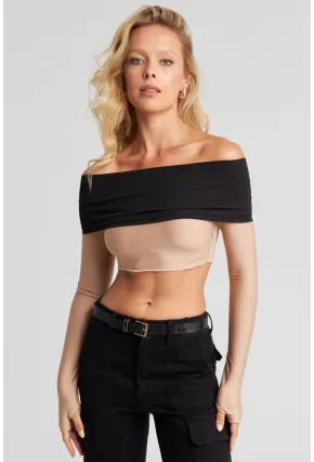 Kadın Camel-Siyah Madonna Crop Bluz CG322