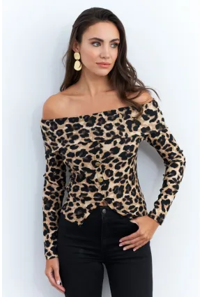 Kadın Camel-Siyah Madonna Yaka Leopar Bluz RLO77