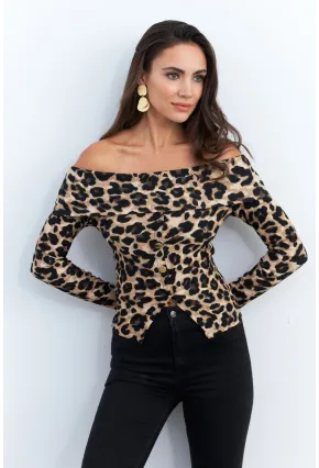 Kadın Camel-Siyah Madonna Yaka Leopar Bluz RLO77