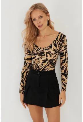 Kadın Camel-Siyah Ön Arka U Zebra Desenli Bluz LPP1266
