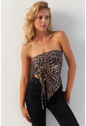Kadın Camel-Siyah Önü Büzgülü Leopar Crop Bluz MON137