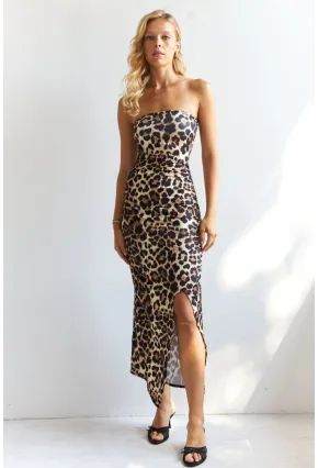 Kadın Camel-Siyah Önü Büzgülü Leopar Midi Elbise HC1591