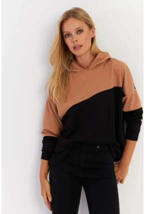 Kadın Camel-Siyah Renk Bloklu Kapüşonlu Sweatshirt DA148