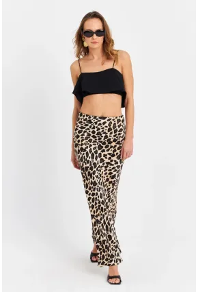 Kadın Camel-Siyah Saten Leopar Etek CAR2431