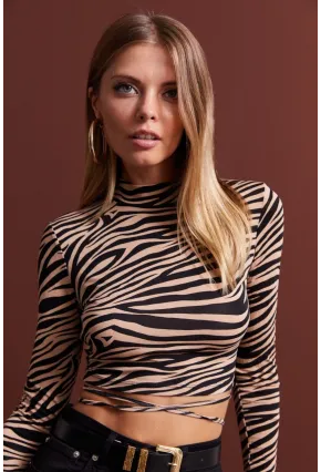 Kadın Camel-Siyah Sırt Dekolteli Zebra Desenli Crop Bluz LPP1131