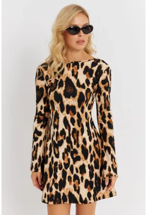 Kadın Camel-Siyah Sırtı Açık Leopar Desenli Midi Elbise EY2891