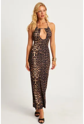 Kadın Camel-Siyah Sırtı Açık Leopar Midi Elbise MEN2060