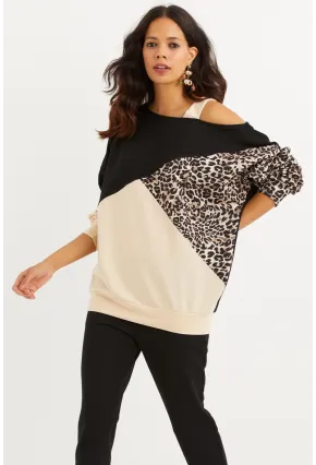 Kadın Camel-Siyah Tek Omuz Leopar Desen Bloklu Sweatshirt BK231066