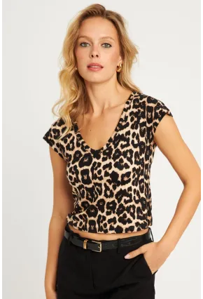 Kadın Camel-Siyah V Yaka Desenli Bluz LPP1285